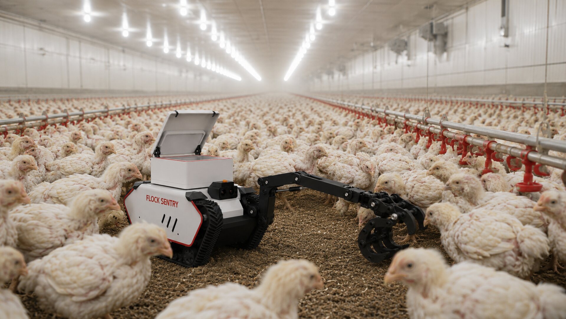 Flock Sentry robot patrolling a live broiler house at floor level